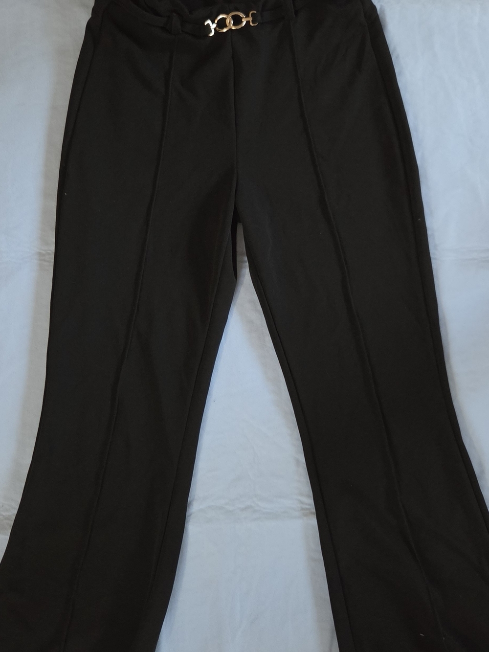 Harper Black Wide-Leg Ponte Pants with Gold Chain Accent